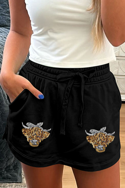 Leopard Print Sequin Heifer Patch Drawstring Lounge Shorts